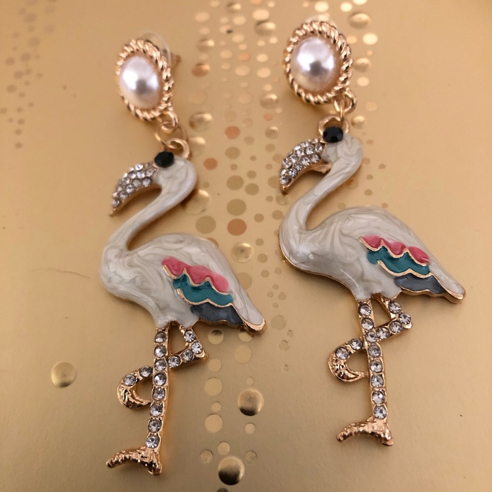 Earrings - Flamingos, Rhinestones & Enamel On Gold Tone, 3”
